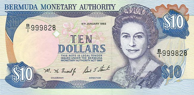 Front of Bermuda p42a: 10 Dollars from 1993