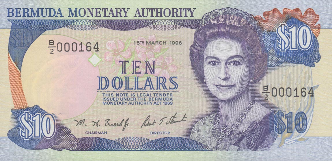 Front of Bermuda p42b: 10 Dollars from 1996