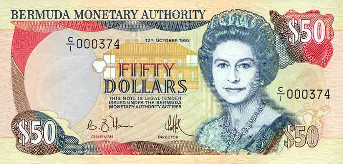 Front of Bermuda p44a: 50 Dollars from 1992
