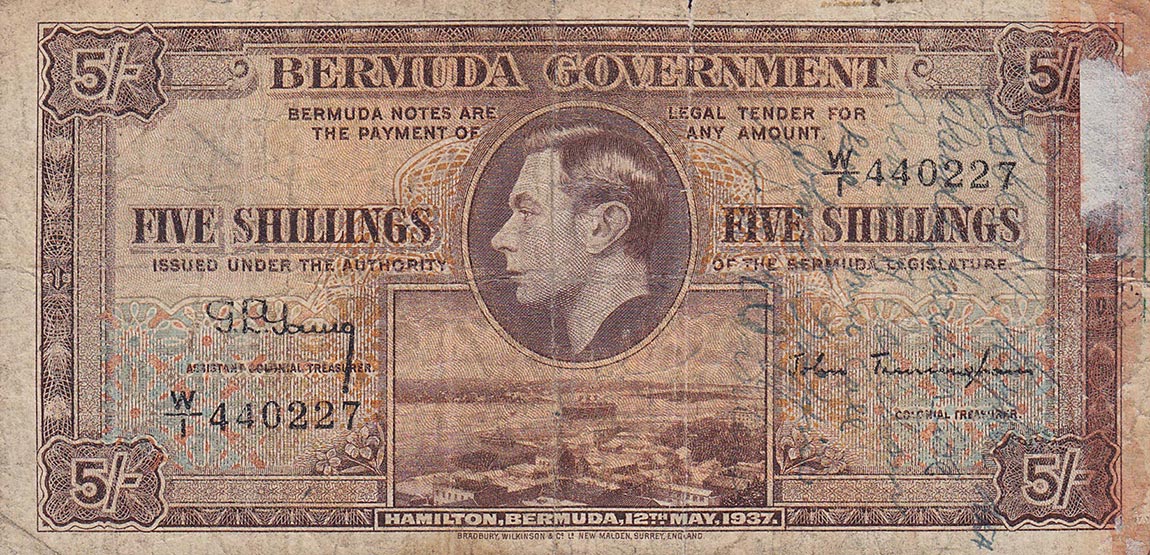 Front of Bermuda p8b: 5 Shillings from 1937