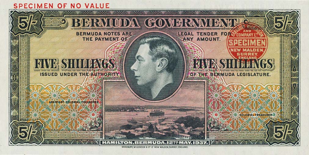 Front of Bermuda p8ct: 5 Shillings from 1937