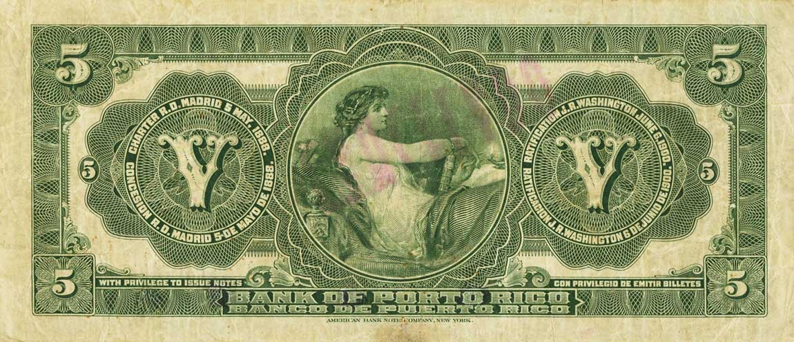 Back of Puerto Rico p47b: 5 Dollars from 1909