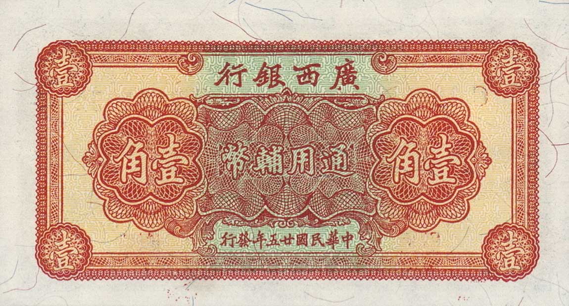 Back of China pS2380: 1 Chiao from 1936