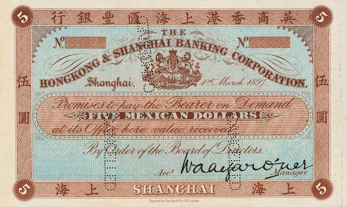 Front of China pS367r: 5 Mexican Dollars from 1890