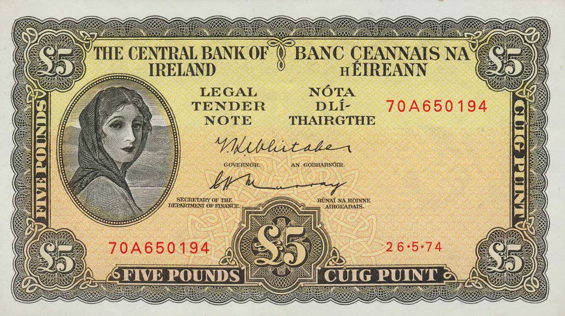 Front of Ireland, Republic of p65c: 5 Pounds from 1971