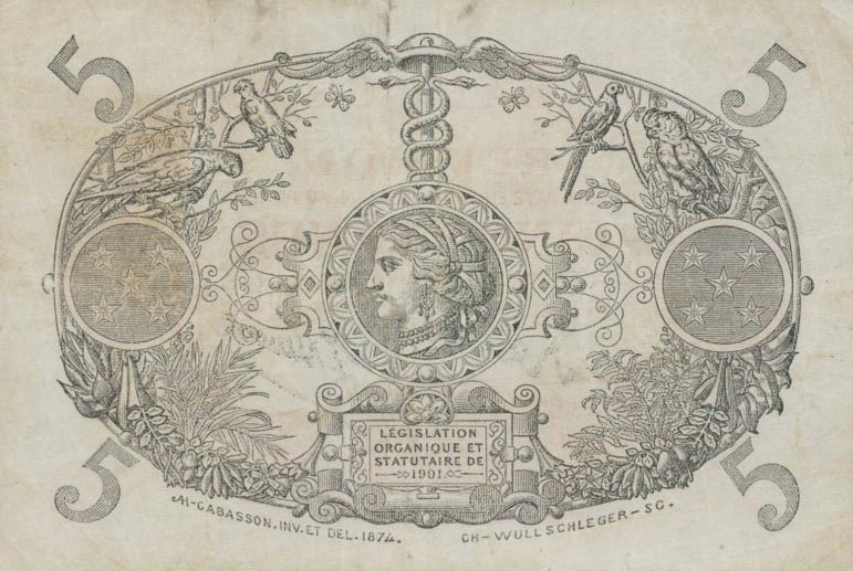 Back of Reunion p14: 5 Francs from 1901