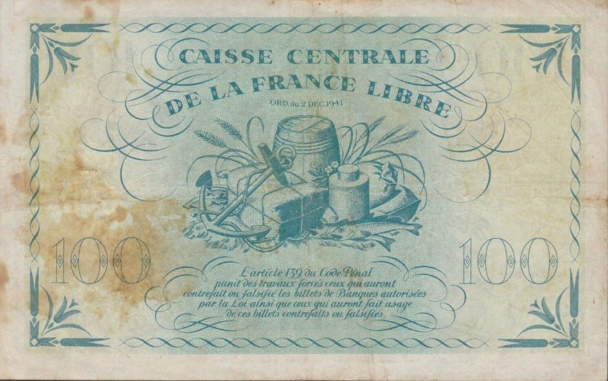 Back of Reunion p37a: 100 Francs from 1944
