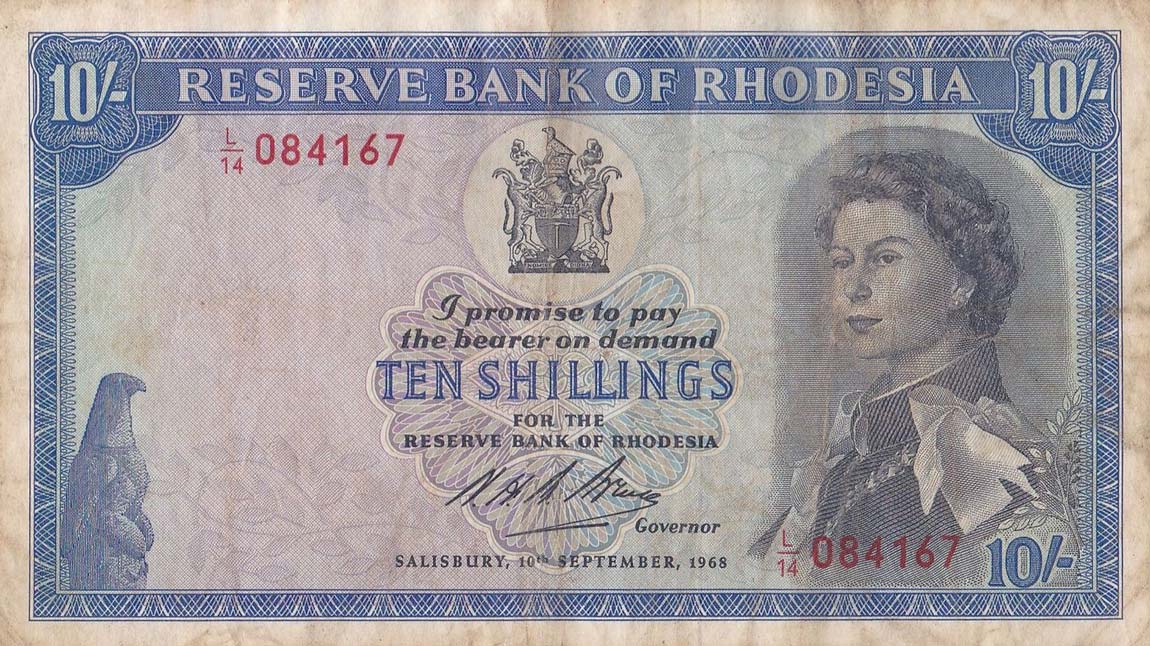 Front of Rhodesia p27b: 10 Shillings from 1968