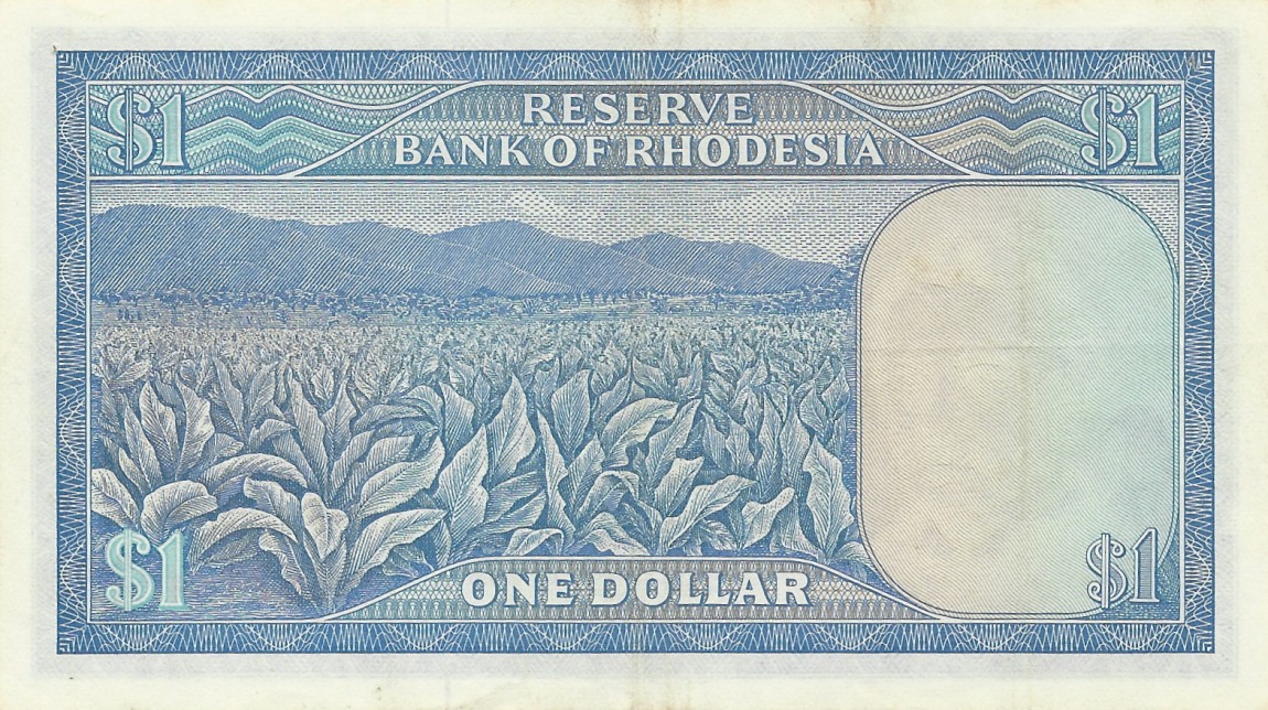 Back of Rhodesia p30k: 1 Dollar from 1974