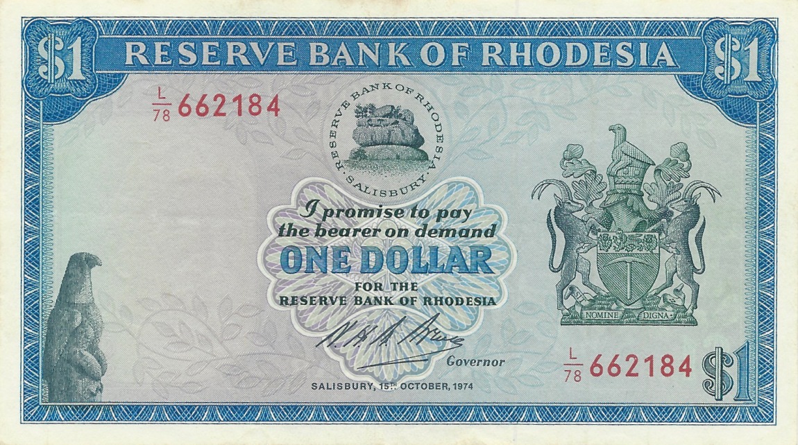 Front of Rhodesia p30k: 1 Dollar from 1974