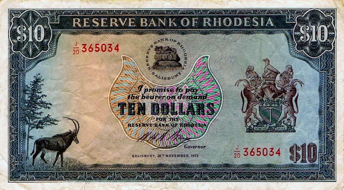 Front of Rhodesia p33e: 10 Dollars from 1973