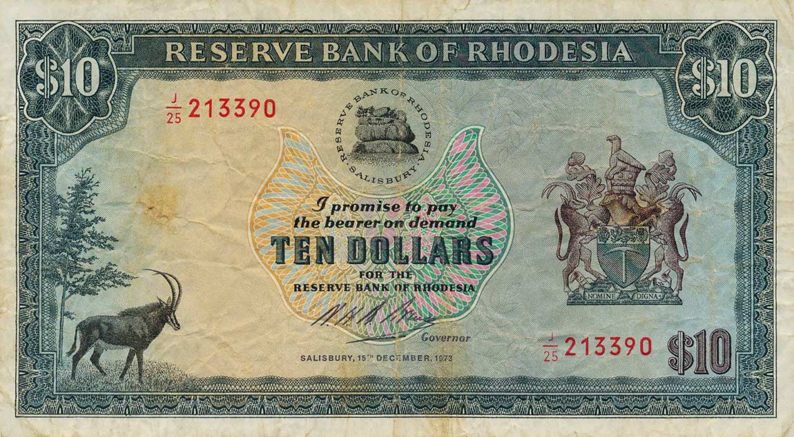 Front of Rhodesia p33f: 10 Dollars from 1973