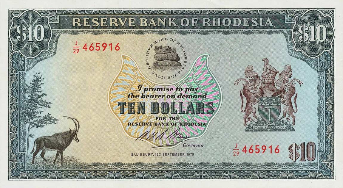 Front of Rhodesia p33g: 10 Dollars from 1975