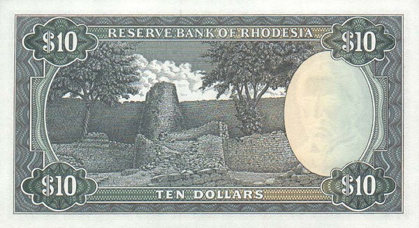 Back of Rhodesia p33i: 10 Dollars from 1975