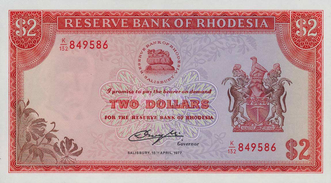 Front of Rhodesia p35b: 2 Dollars from 1977