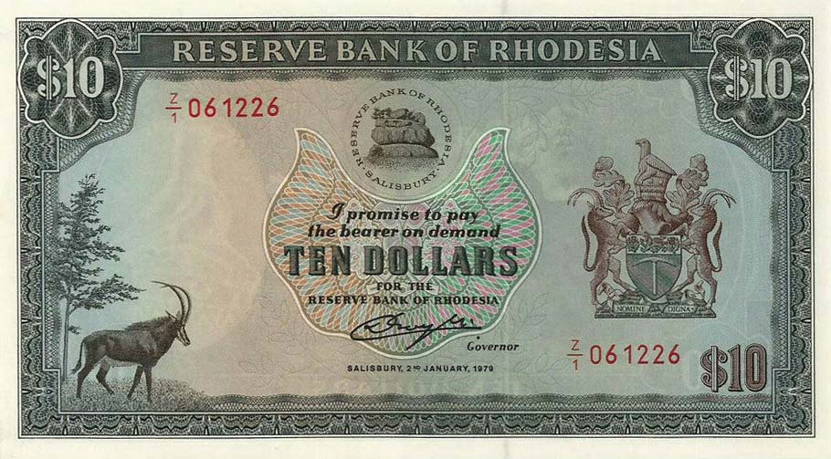 Front of Rhodesia p41r: 10 Dollars from 1979