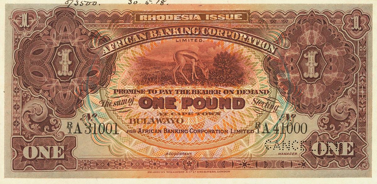 Front of Rhodesia pS105B: 1 Pound from 1920