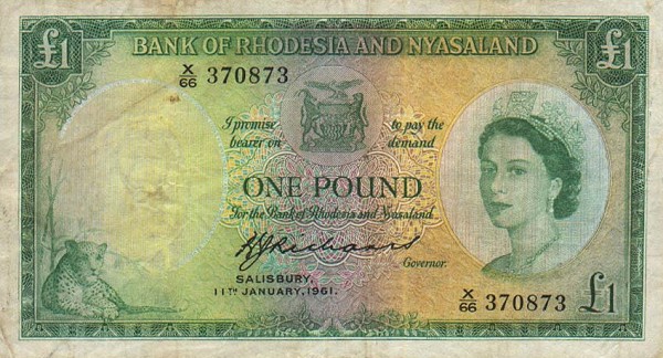 Front of Rhodesia and Nyasaland p21b: 1 Pound from 1960