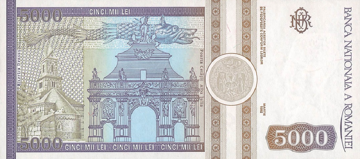 Back of Romania p103s: 5000 Lei from 1992