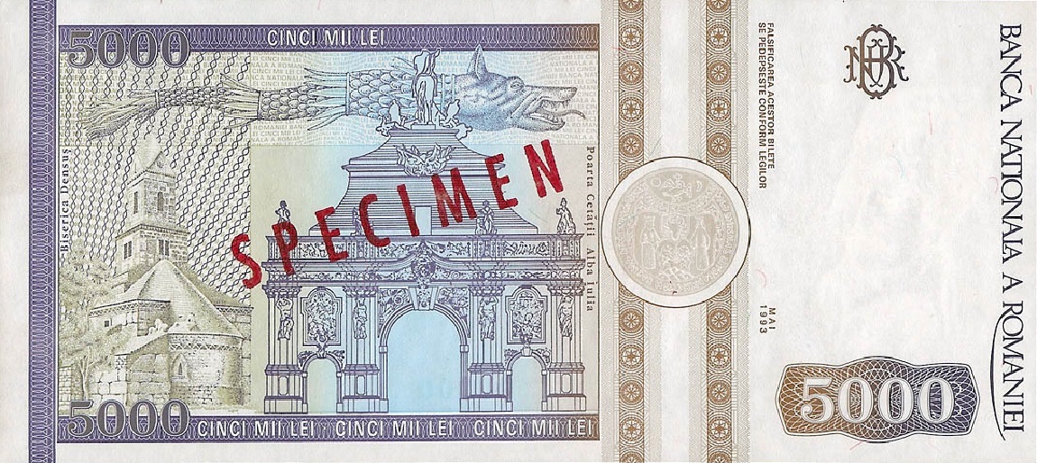 Back of Romania p104s: 5000 Lei from 1993