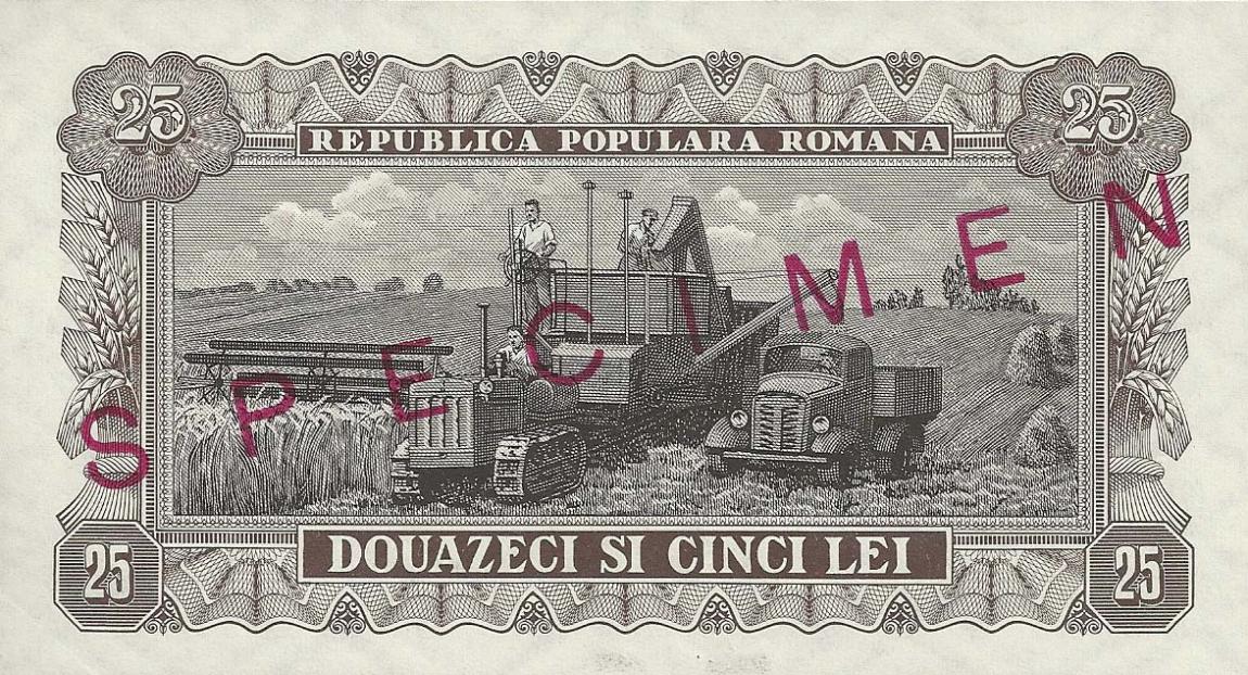Back of Romania p89s: 25 Lei from 1952