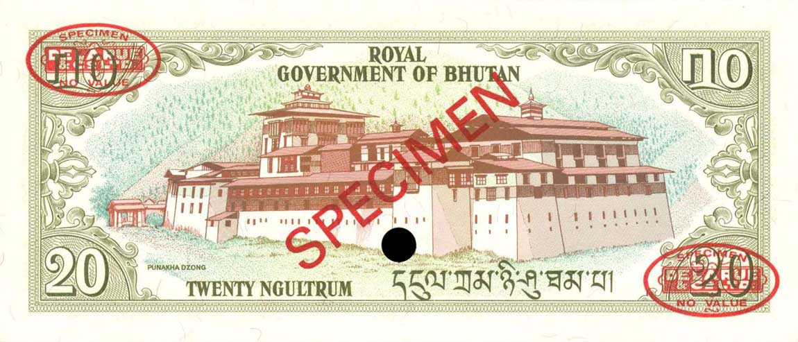 Back of Bhutan p9s: 20 Ngultrum from 1981
