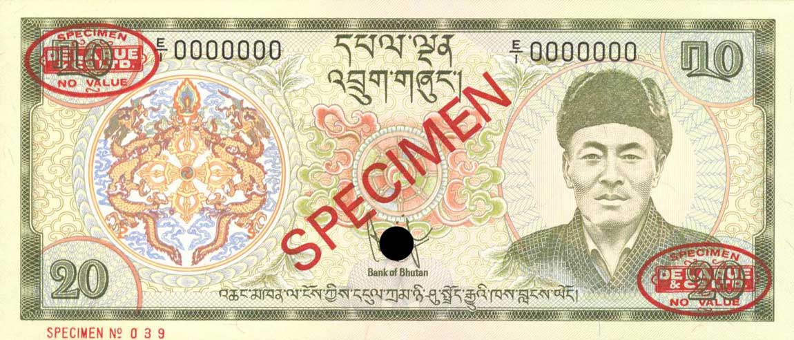 Front of Bhutan p9s: 20 Ngultrum from 1981