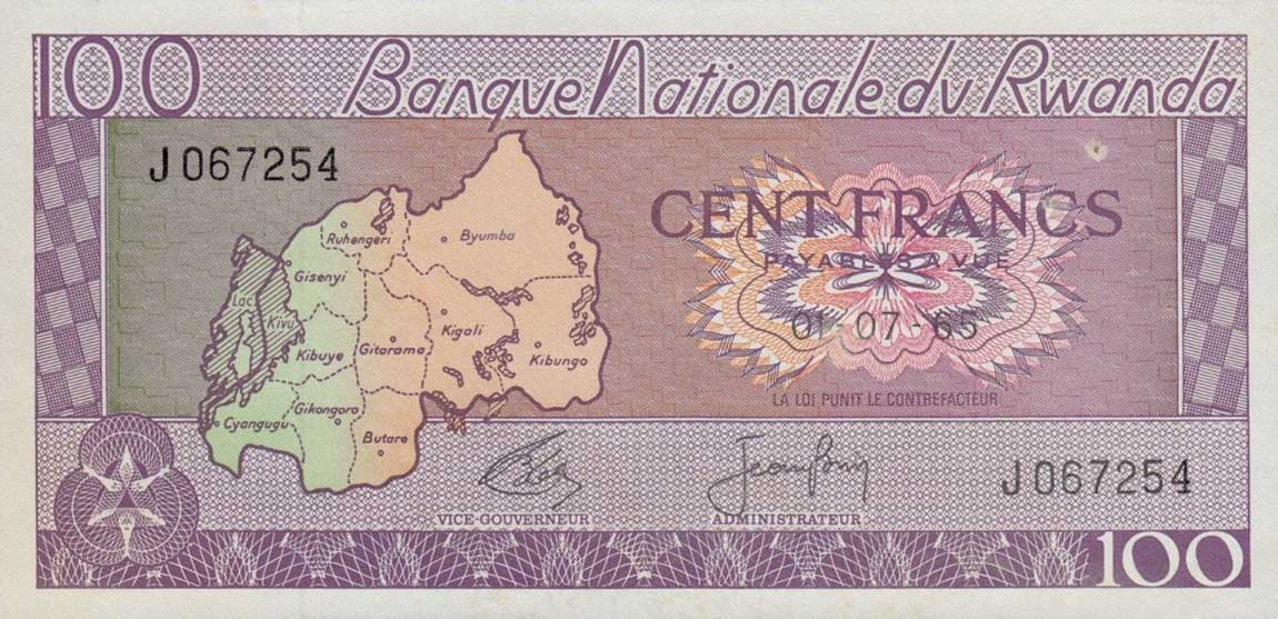 Front of Rwanda p8b: 100 Francs from 1965