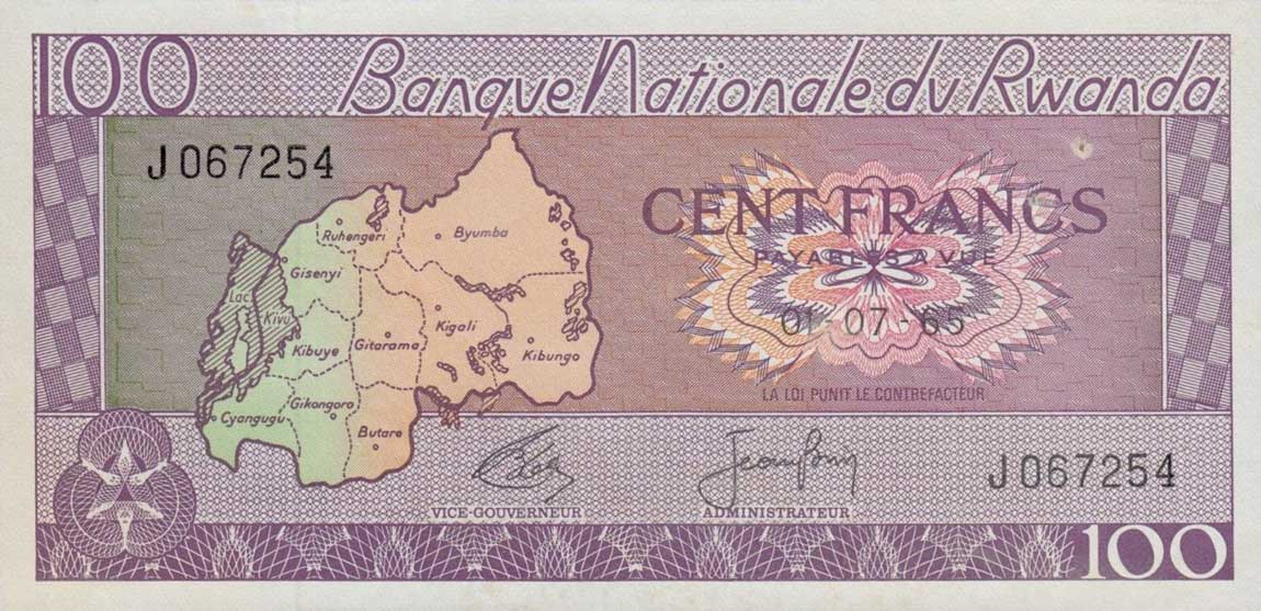 Front of Rwanda p8b: 100 Francs from 1965