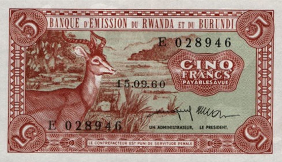 Front of Rwanda-Burundi p1a: 5 Francs from 1960