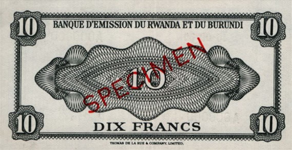Back of Rwanda-Burundi p2s: 10 Francs from 1960
