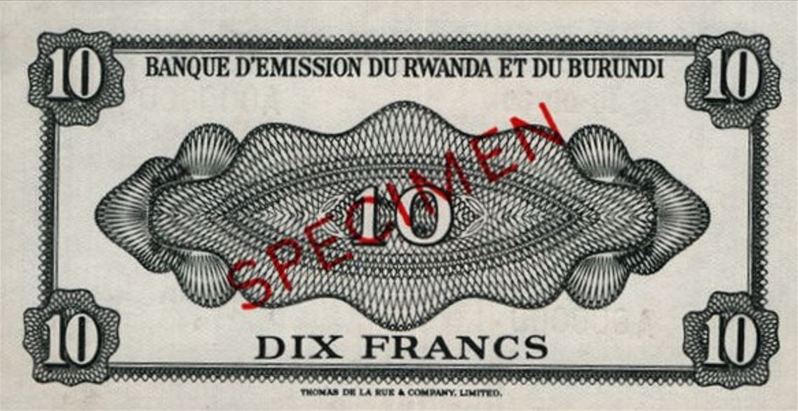 Back of Rwanda-Burundi p2s: 10 Francs from 1960