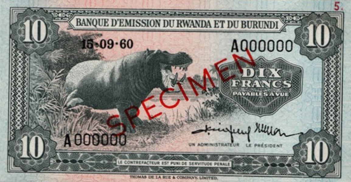 Front of Rwanda-Burundi p2s: 10 Francs from 1960