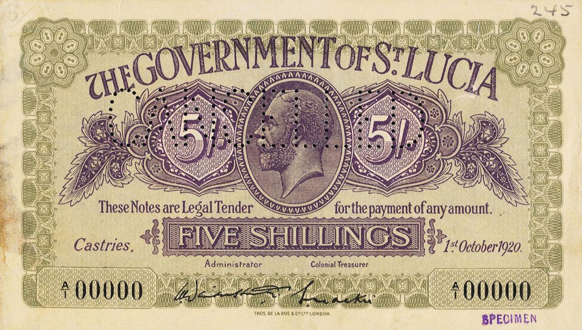 Front of Saint Lucia p1s: 5 Shillings from 1920
