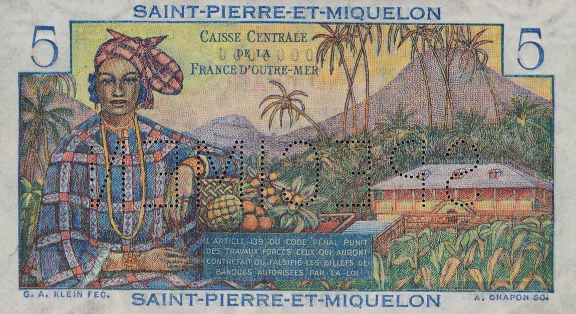 Back of Saint Pierre and Miquelon p22s: 5 Francs from 1950