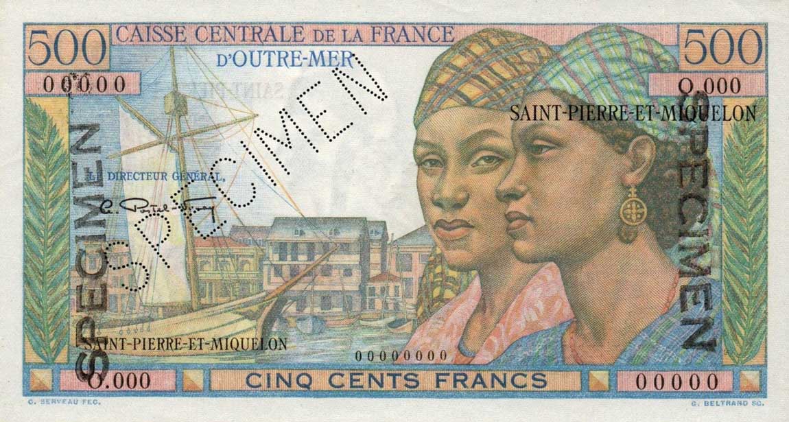 Front of Saint Pierre and Miquelon p27s: 500 Francs from 1950