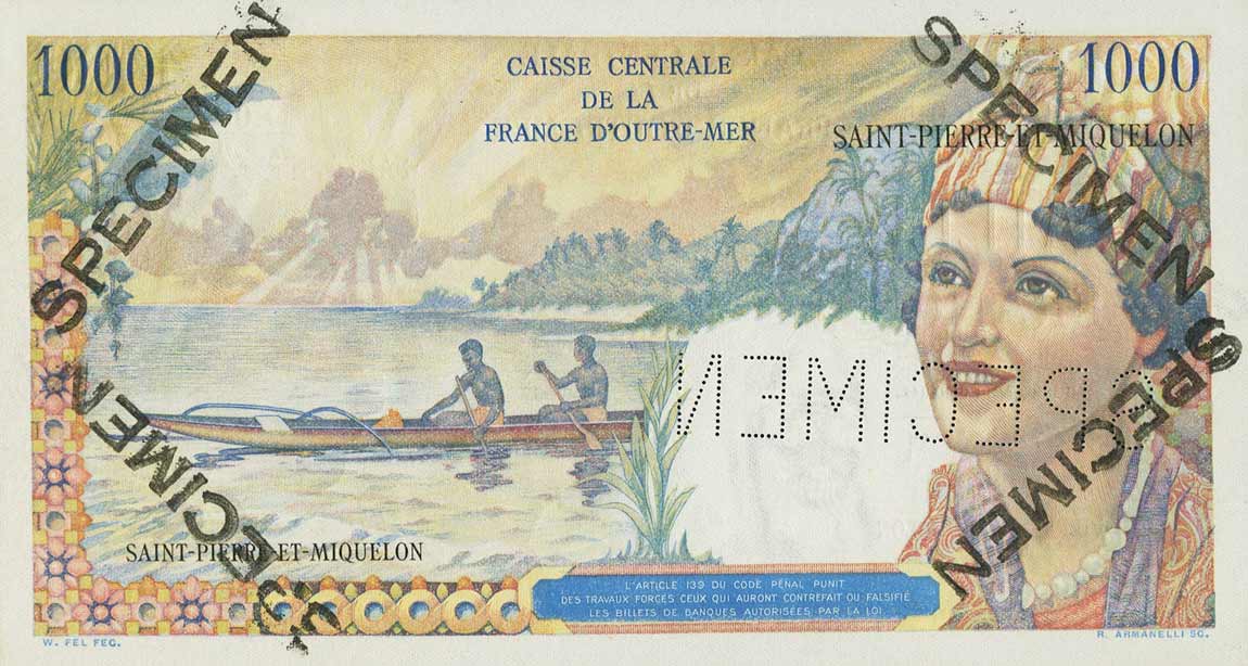 Back of Saint Pierre and Miquelon p28s: 1000 Francs from 1950