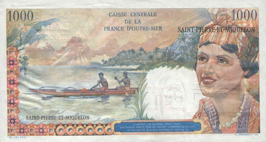 Back of Saint Pierre and Miquelon p34a: 20 Nouveaux Francs from 1964