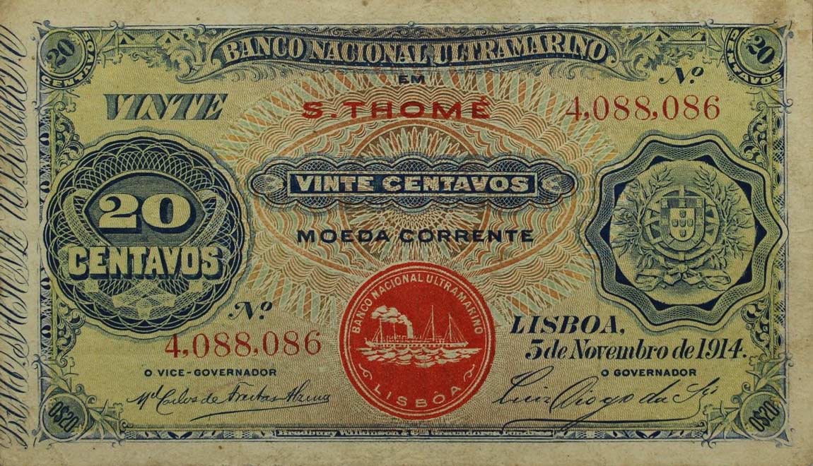 Front of Saint Thomas and Prince p17: 20 Centavos from 1914