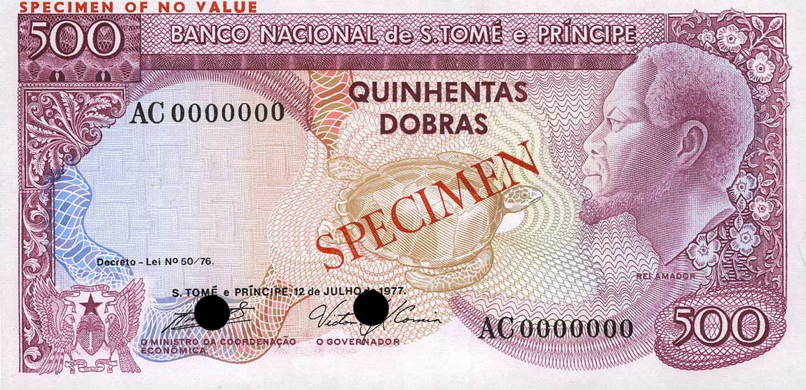 Front of Saint Thomas and Prince p54s: 500 Dobras from 1977