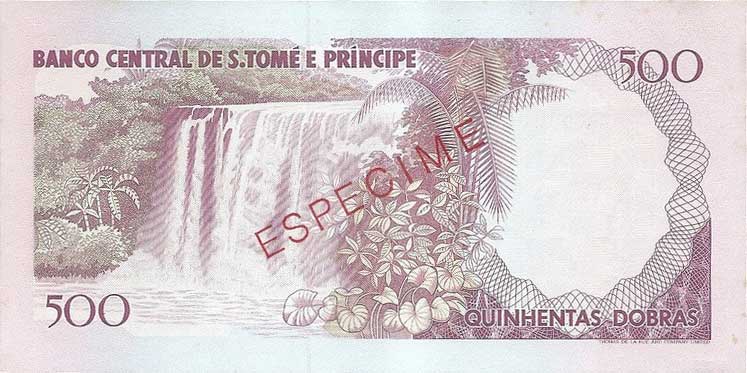 Back of Saint Thomas and Prince p63s: 500 Dobras from 1993