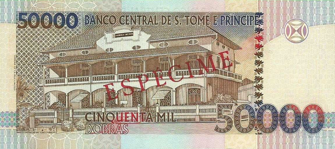 Back of Saint Thomas and Prince p68s: 50000 Dobras from 1996