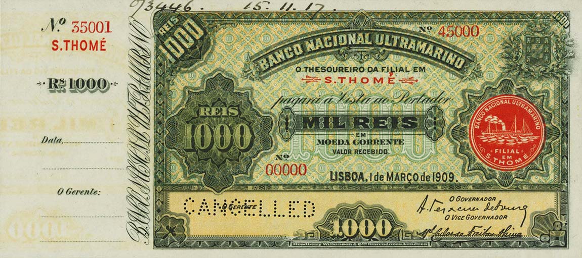 Front of Saint Thomas and Prince p7s: 1000 Reis from 1909