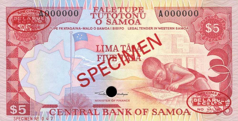 Front of Samoa p26s: 5 Tala from 1985