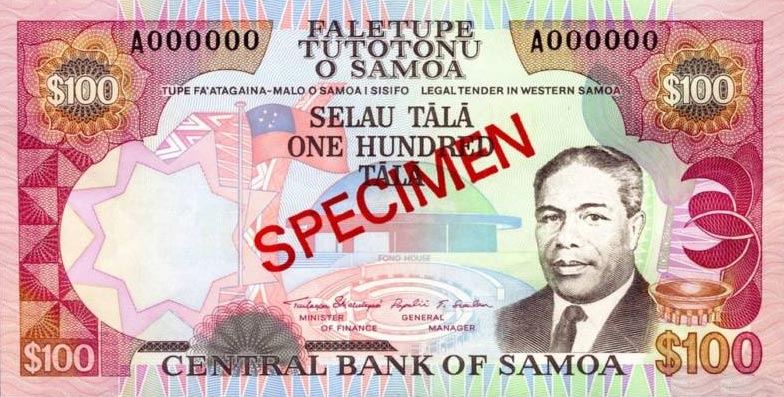 Front of Samoa p30s: 100 Tala from 1990