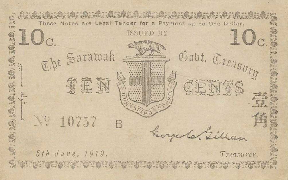 Front of Sarawak p7: 10 Cents from 1919