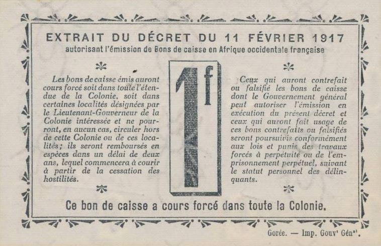 Back of Senegal p2b: 1 Franc from 1917