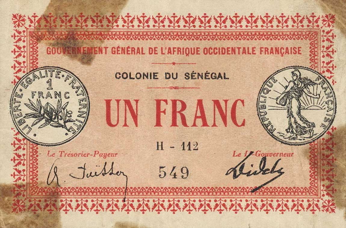 Front of Senegal p2c: 1 Franc from 1917