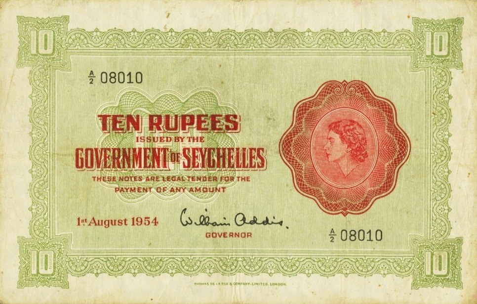 Front of Seychelles p12a: 10 Rupees from 1954