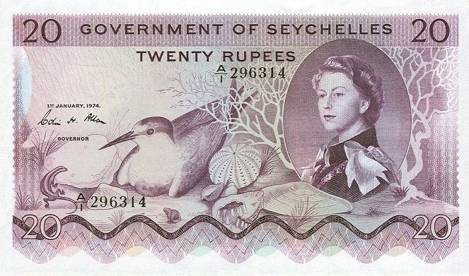 Front of Seychelles p16c: 20 Rupees from 1974